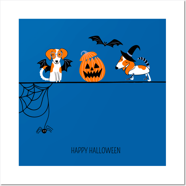 Happy Halloween print with dogs and pumpkin Wall Art by DanielK